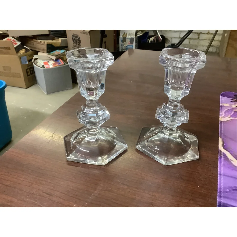 Golden Crown 24% Lead Crystal Set of 2 Candle Holders E & R Western Germany